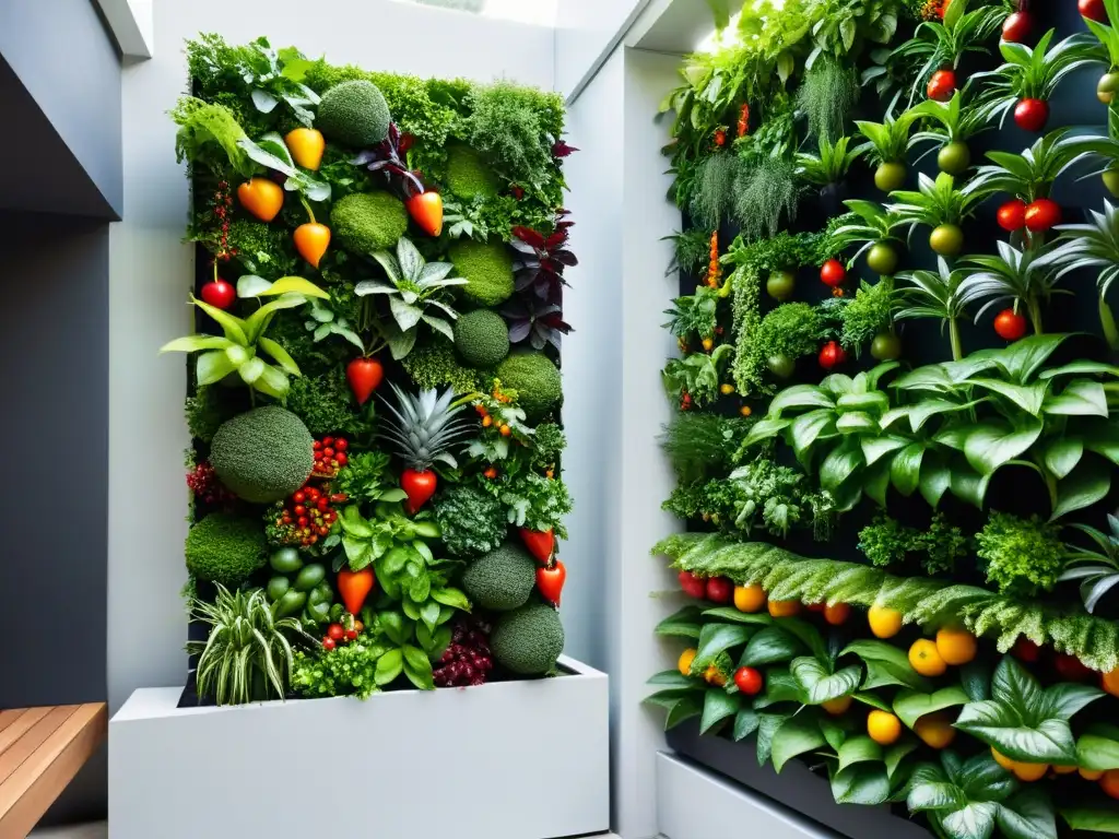 Un jardín vertical moderno y exuberante, ideal para maridajes con productos de huertos verticales, iluminado por luz natural