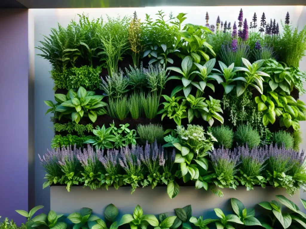 Un jardín vertical moderno y exuberante, lleno de hierbas medicinales como lavanda, albahaca y menta