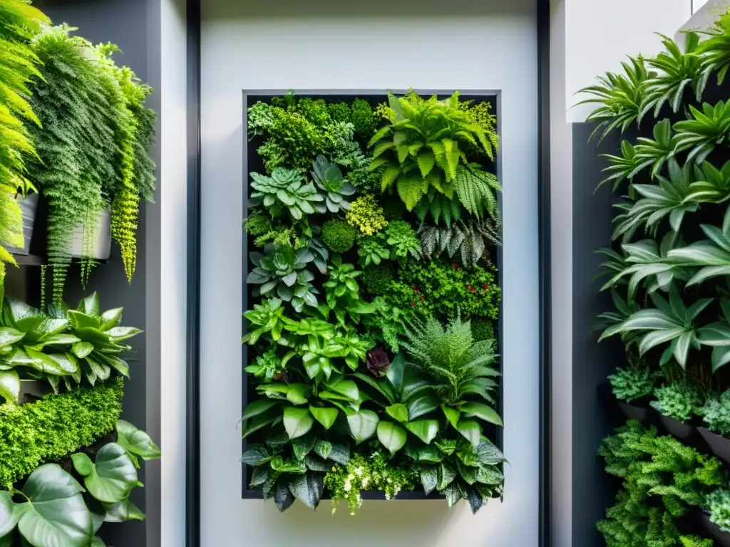 Un jardín vertical moderno con vegetación exuberante en un marco metálico, destacando en un espacio urbano reducido