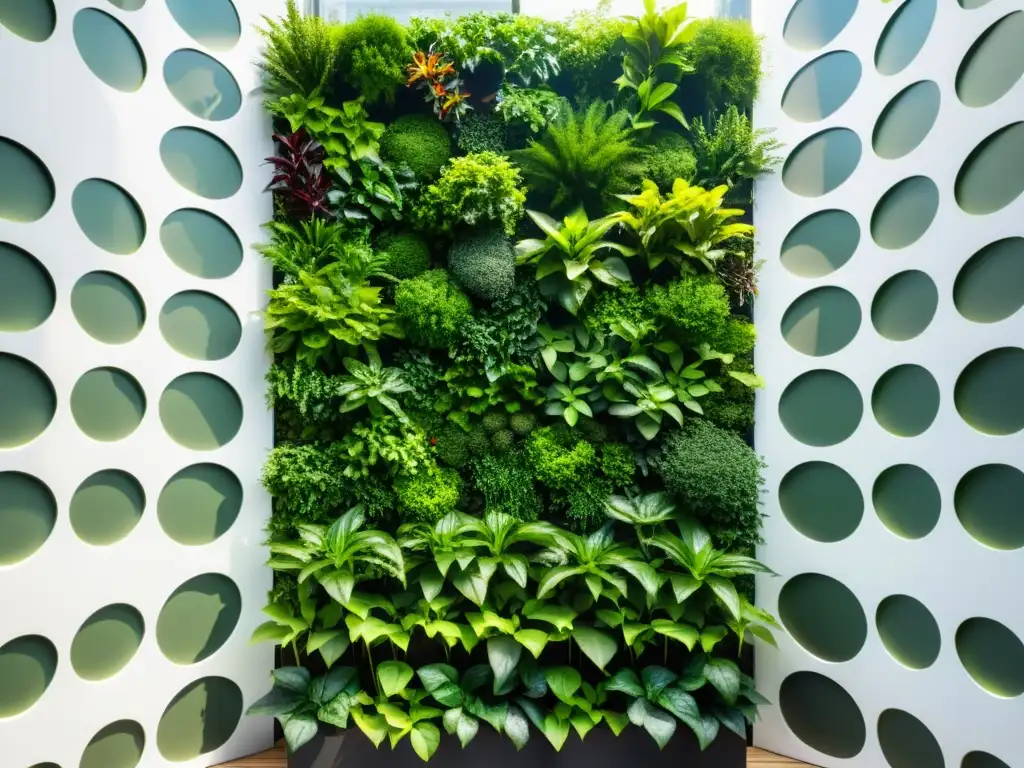 Un jardín vertical moderno con exuberante vegetación creando un microclima ideal para plantas verticales en un diseño elegante y profesional