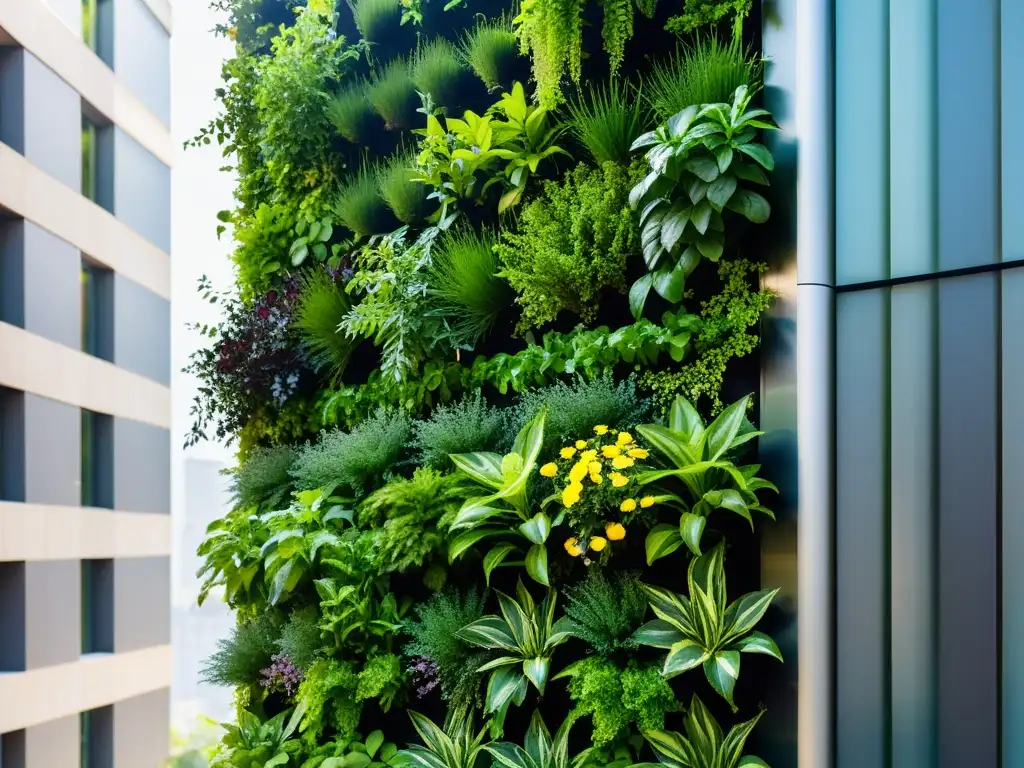 Un jardín vertical moderno y exuberante, con plantas verdes vibrantes que crean un oasis urbano