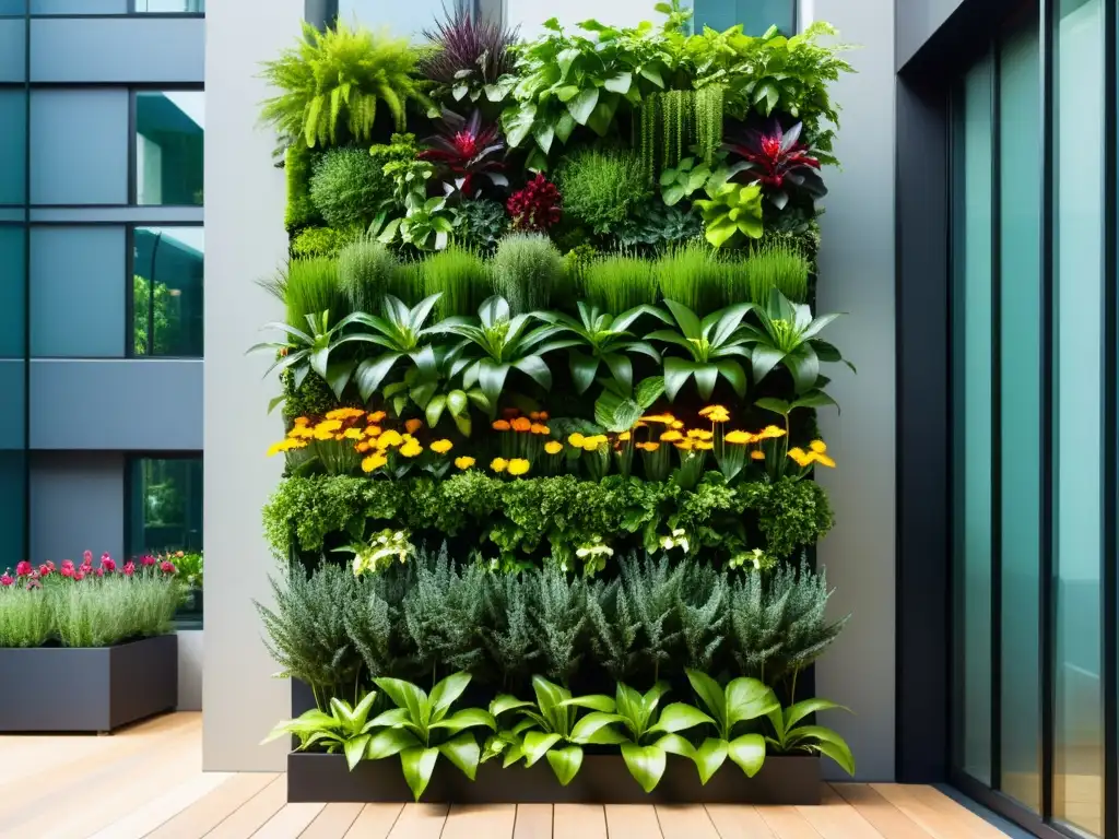 Un jardín vertical moderno y exuberante, con plantas vibrantes y flores coloridas, destacando el manejo de huertos verticales en diferentes temporadas