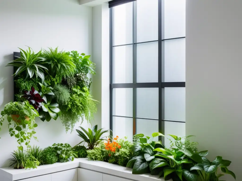 Un jardín vertical moderno y exuberante con plantas verdes creciendo contra una pared blanca, un oasis interior hermoso y sereno