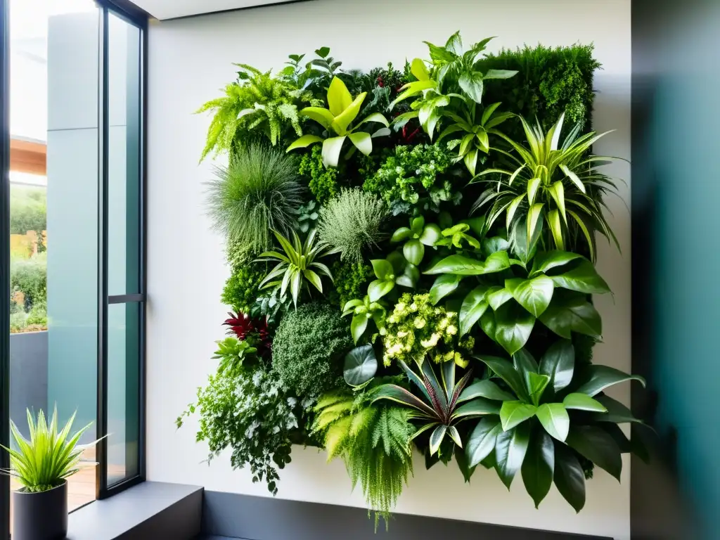 Un jardín vertical moderno y exuberante con plantas vibrantes en armonía