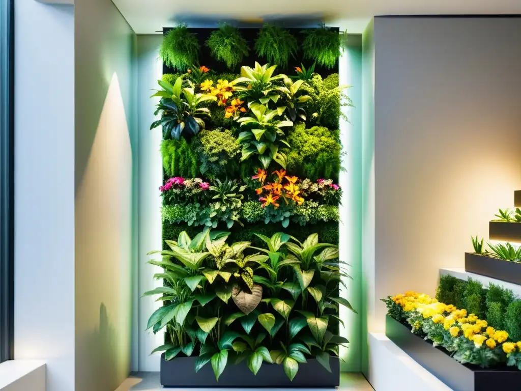 Jardín vertical moderno con exuberante vegetación y sistema de riego sofisticado, mostrando armonía entre naturaleza y diseño moderno