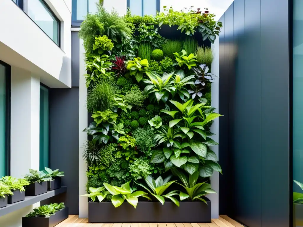 Un jardín vertical moderno y exuberante, con una variedad de vegetación vibrante, creando un oasis urbano visualmente impactante