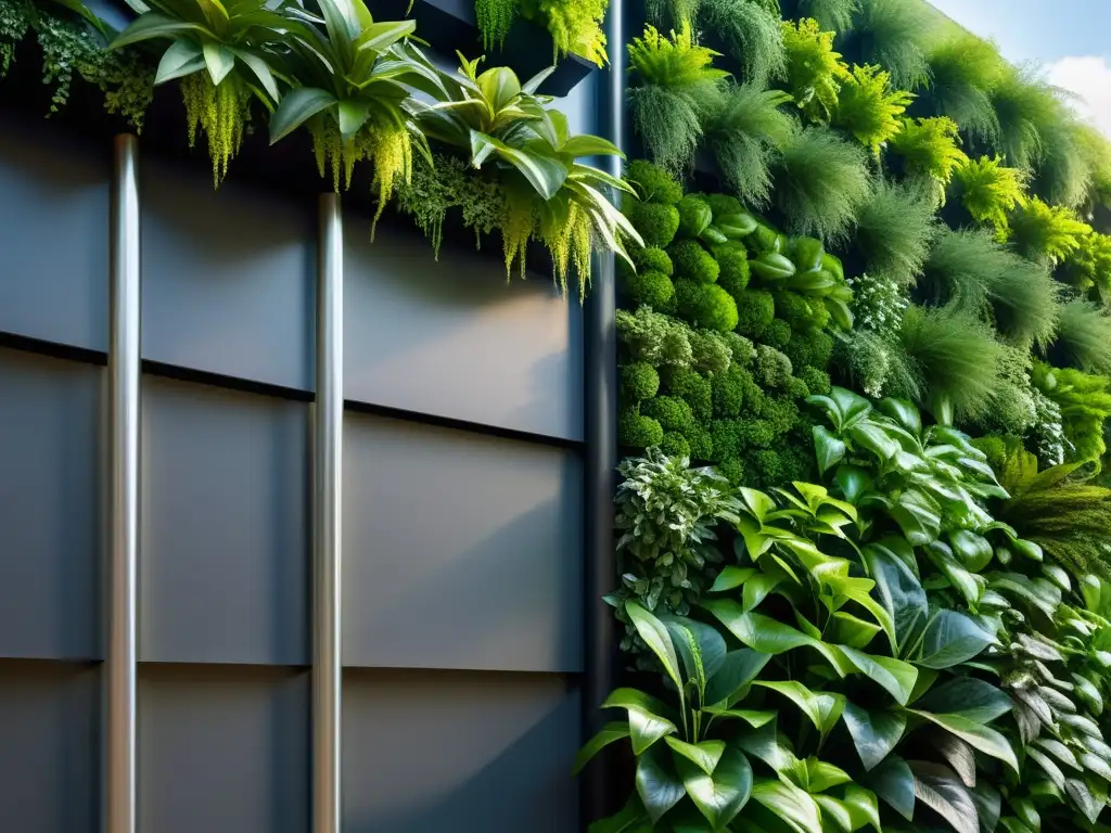 Un jardín vertical moderno con exuberante vegetación, iluminado por luz natural, destaca las técnicas de riego en huertos verticales