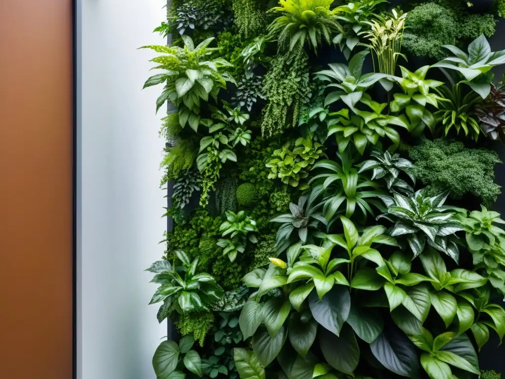 Un jardín vertical moderno con exuberantes plantas verdes en un elegante diseño