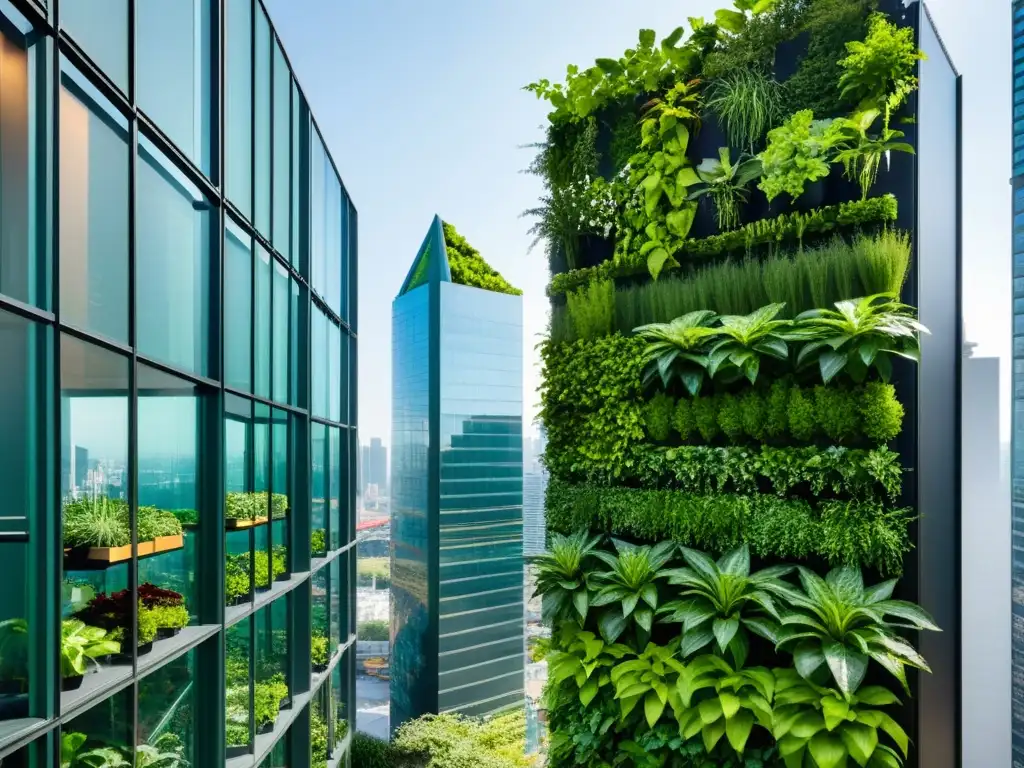 Un jardín vertical moderno con exuberantes plantas verdes en un patrón geométrico, contrastando con el paisaje urbano