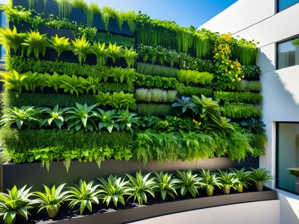 Un jardín vertical moderno con exuberantes plantas verdes en maceteros escalonados