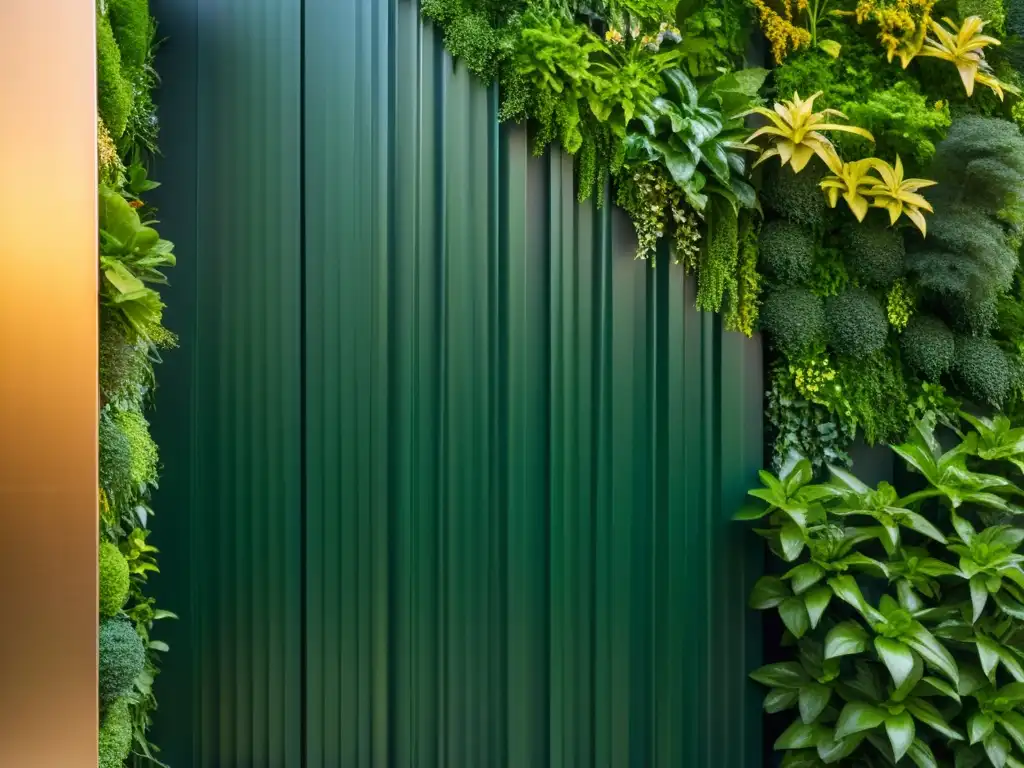 Un jardín vertical moderno con exuberantes plantas verdes, bañado por la cálida luz dorada del sol poniente