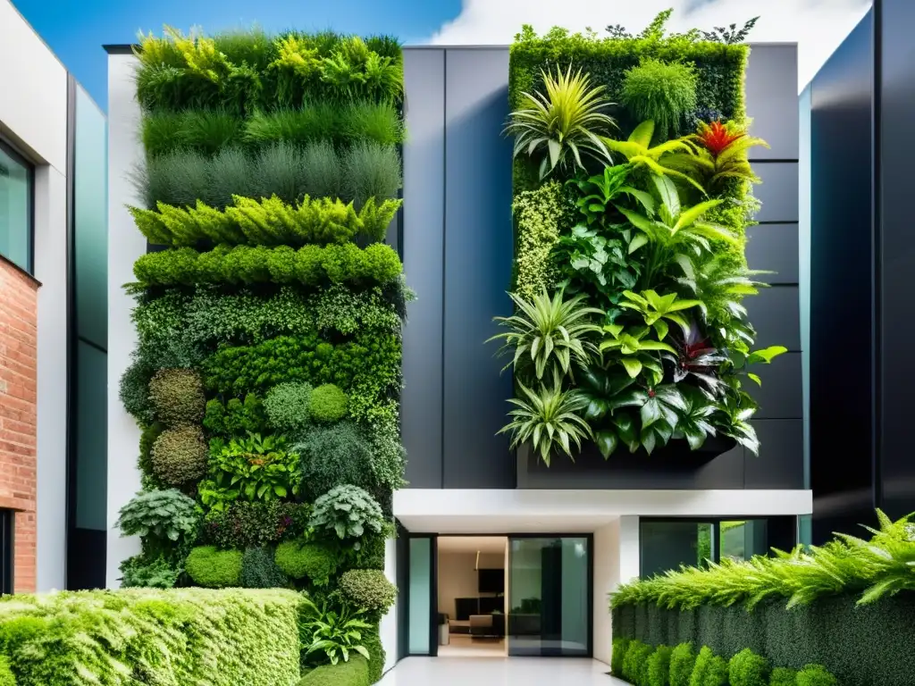 Un jardín vertical moderno con exuberantes plantas verdes, integrado en un edificio futurista