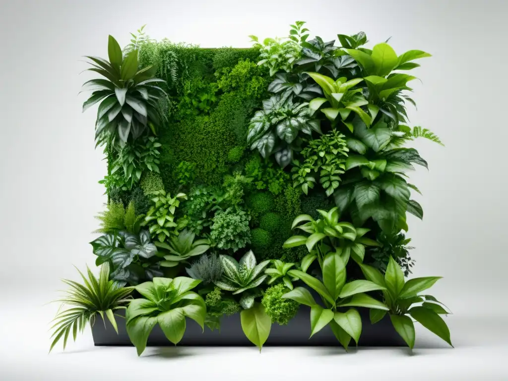 Un jardín vertical moderno con exuberantes plantas verdes en un diseño geométrico sobre fondo blanco