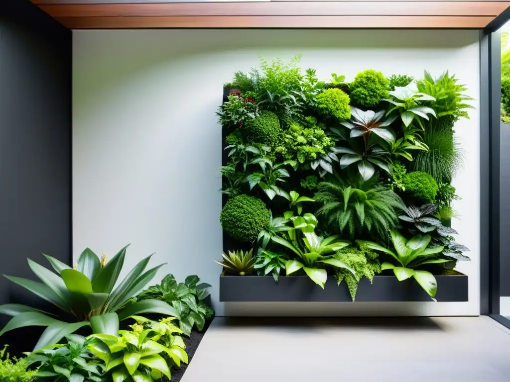 Un jardín vertical moderno con exuberantes plantas verdes en un diseño minimalista