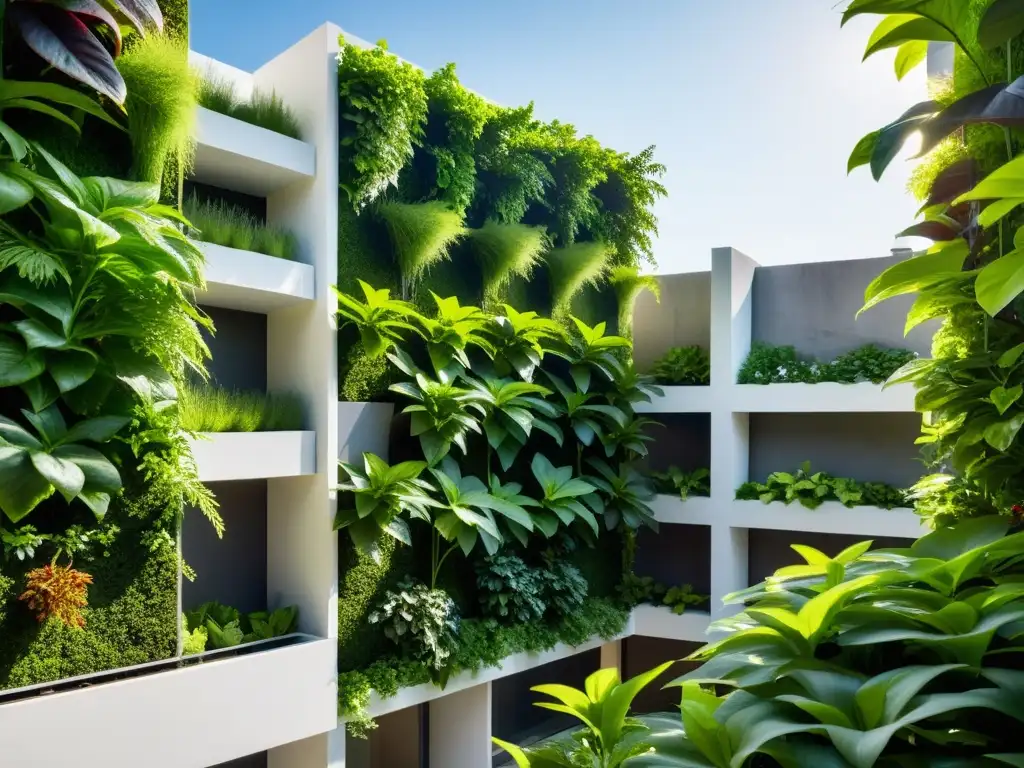 Jardín vertical urbano: naturaleza en la jungla de concreto Un jardín vertical moderno con exuberantes plantas verdes en una estructura blanca, creando contraste con la arquitectura urbana