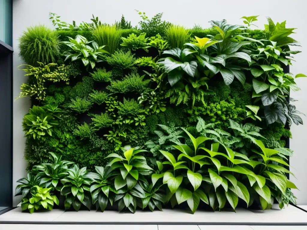 Un jardín vertical moderno con exuberantes plantas verdes creciendo en una estructura montada en la pared