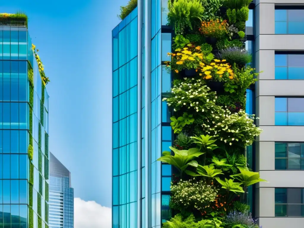 Un jardín vertical moderno con exuberantes plantas verdes creciendo en el exterior de un elegante rascacielos de cristal