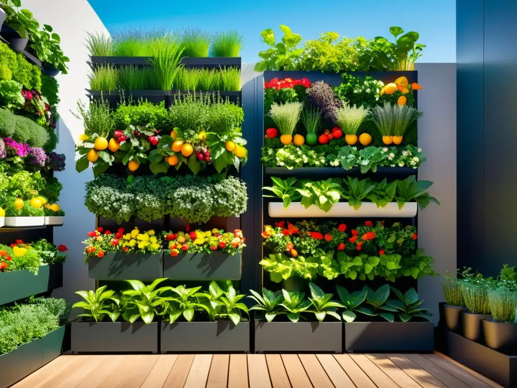 Un jardín vertical moderno con frutas, flores y verduras