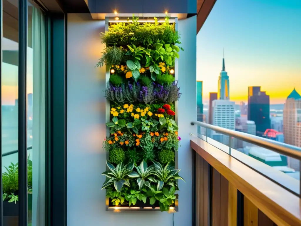 Un jardín vertical moderno con hierbas, verduras y flores comestibles en un restaurante, iluminado con luces LED