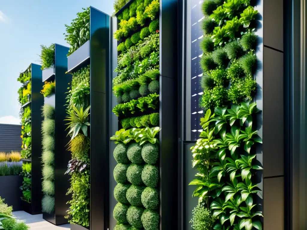 Un jardín vertical moderno, con huertos urbanos y tecnología solar integrada, simboliza la innovación en agricultura urbana