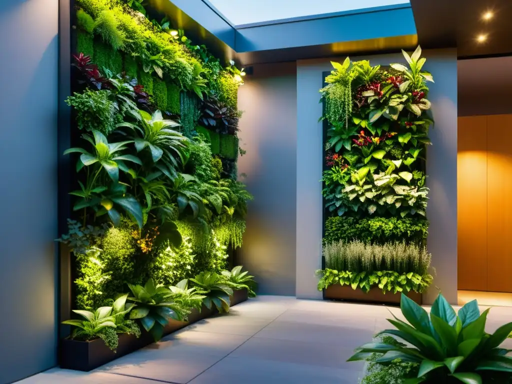 Un jardín vertical moderno iluminado con LED solar, destacando plantas exuberantes bajo la luz