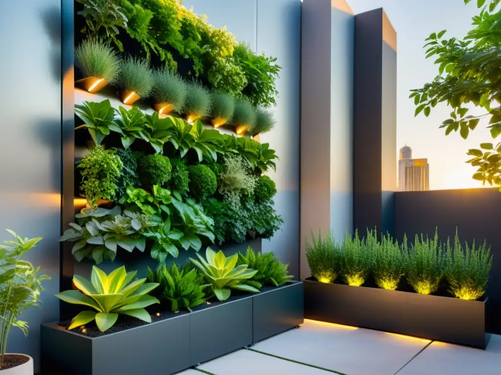 Un jardín vertical moderno con innovaciones en huertos verticales modulares, lleno de vegetación vibrante en una atmósfera urbana minimalista bañada por la cálida luz dorada del atardecer