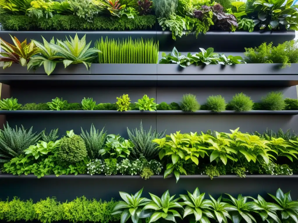 Un jardín vertical moderno aprovechando la luz natural en la ciudad, con exuberante vegetación en armonía