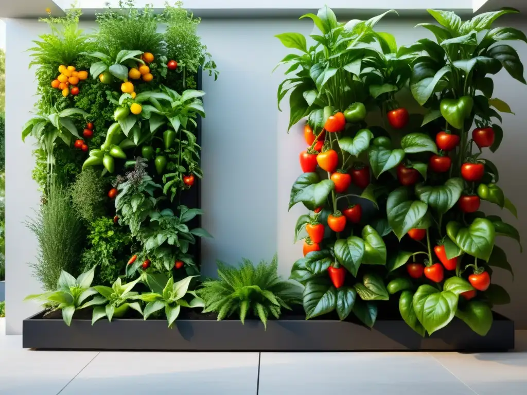 Un jardín vertical moderno con los mejores cultivos para huertos verticales, repleto de plantas vibrantes y exuberantes en un escenario aspiracional