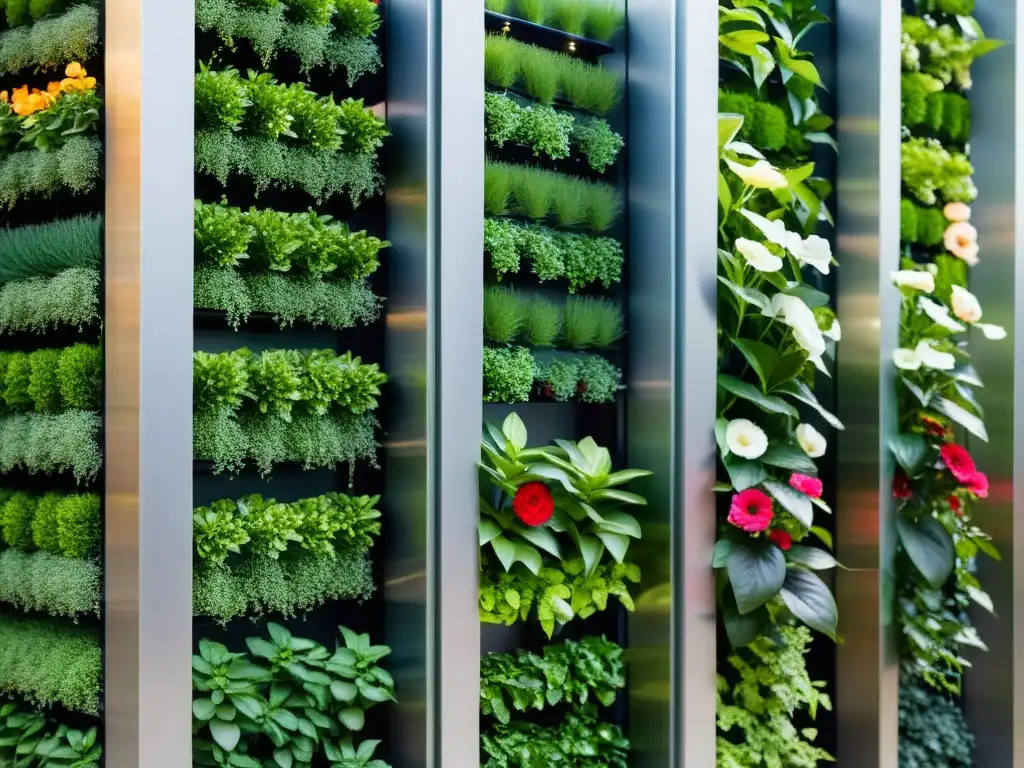 Un jardín vertical moderno con metal y vegetación, integrando naturaleza en arquitectura urbana