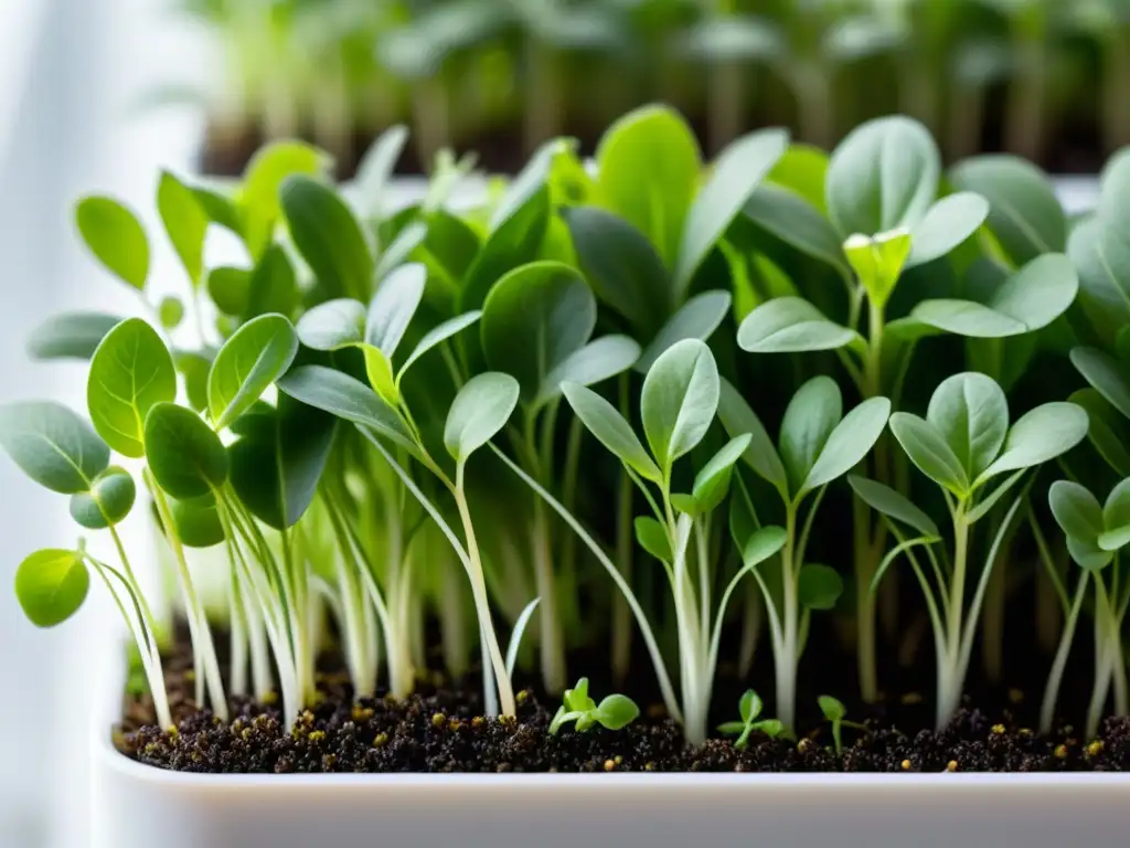 Un jardín vertical moderno muestra microgreens en detalle, resaltando su frescura