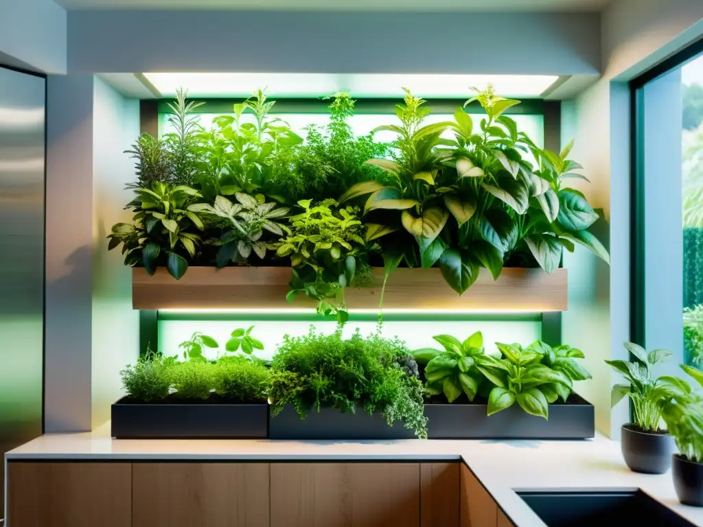 Un jardín vertical moderno y minimalista con cultivo de hierbas aromáticas, bañado por la cálida luz natural