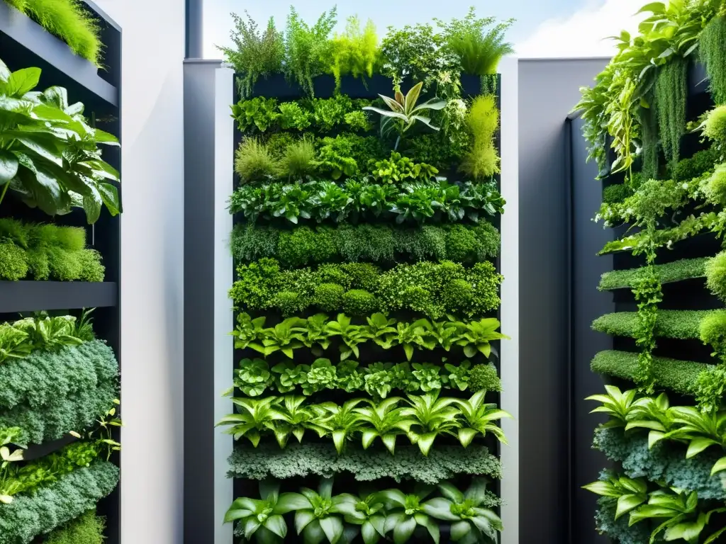 Un jardín vertical moderno con niveles de plantas verdes, que contrastan con líneas limpias y detalles metálicos