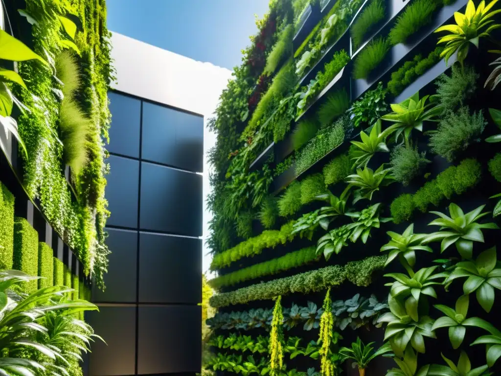 Un jardín vertical moderno con paneles solares integrados en el diseño, mostrando plantas exuberantes en un entorno ecoamigable y sostenible