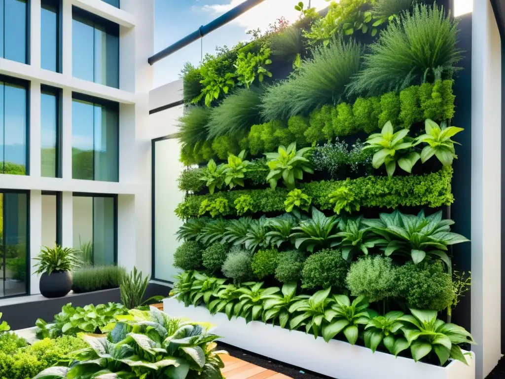 Un jardín vertical moderno con plantas exuberantes creciendo en un diseño minimalista