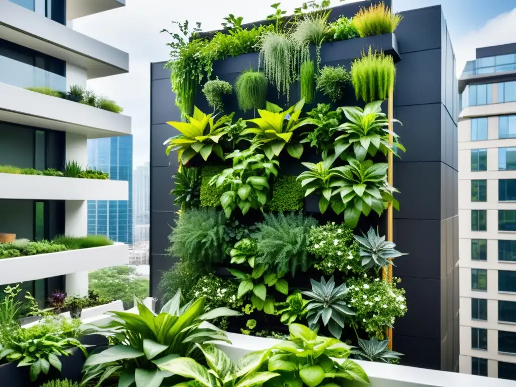 Un jardín vertical moderno con plantas exuberantes y hierbas en maceteros apilados, integrado en un edificio de alta tecnología