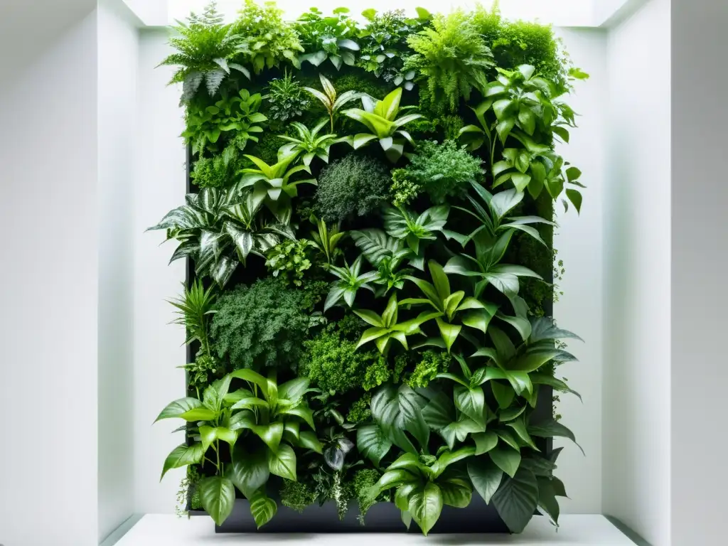 Un jardín vertical moderno con plantas exuberantes creciendo en una pared blanca