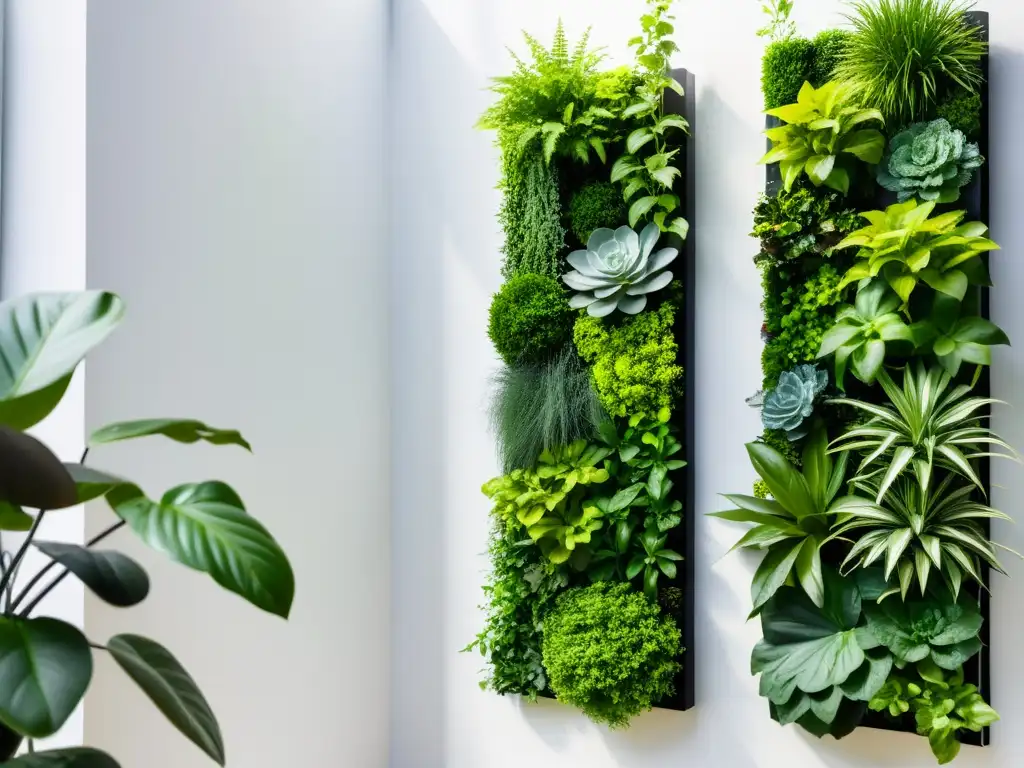 Un jardín vertical moderno con plantas exuberantes en patrón geométrico, muestra el éxito de las técnicas de control biológico de plagas