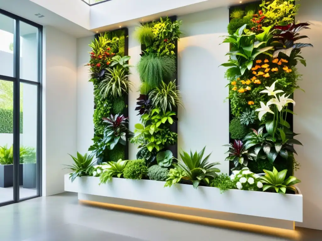 Un jardín vertical moderno con plantas exuberantes en macetas blancas