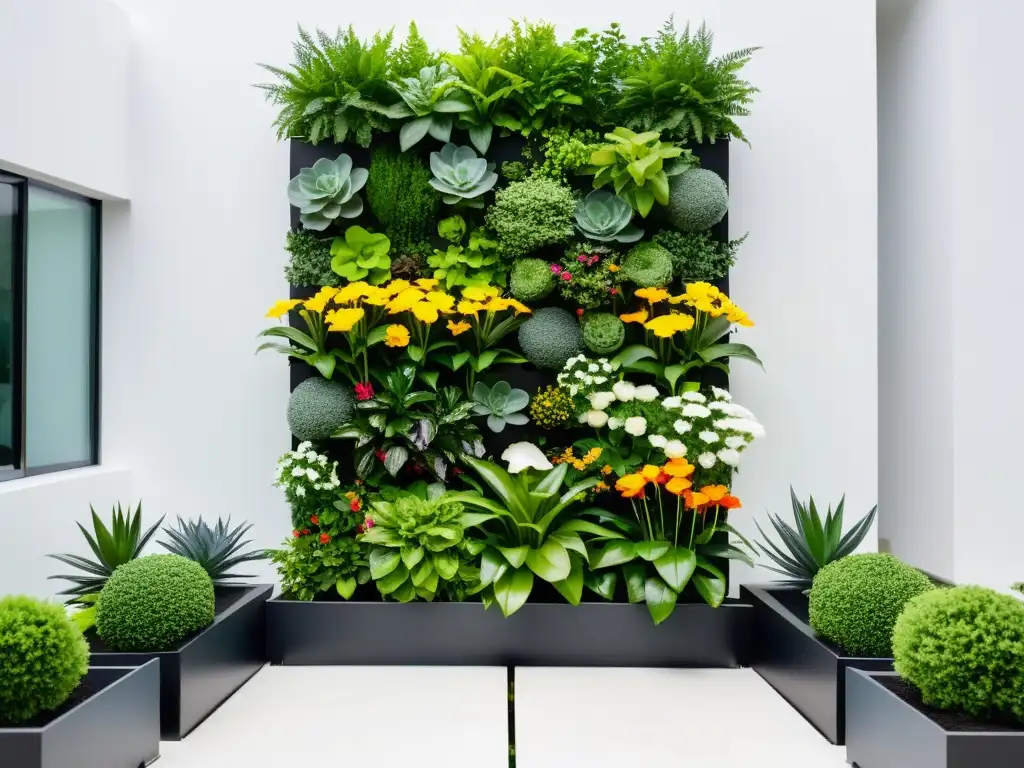 Un jardín vertical moderno con plantas exuberantes y flores vibrantes, en un diseño minimalista