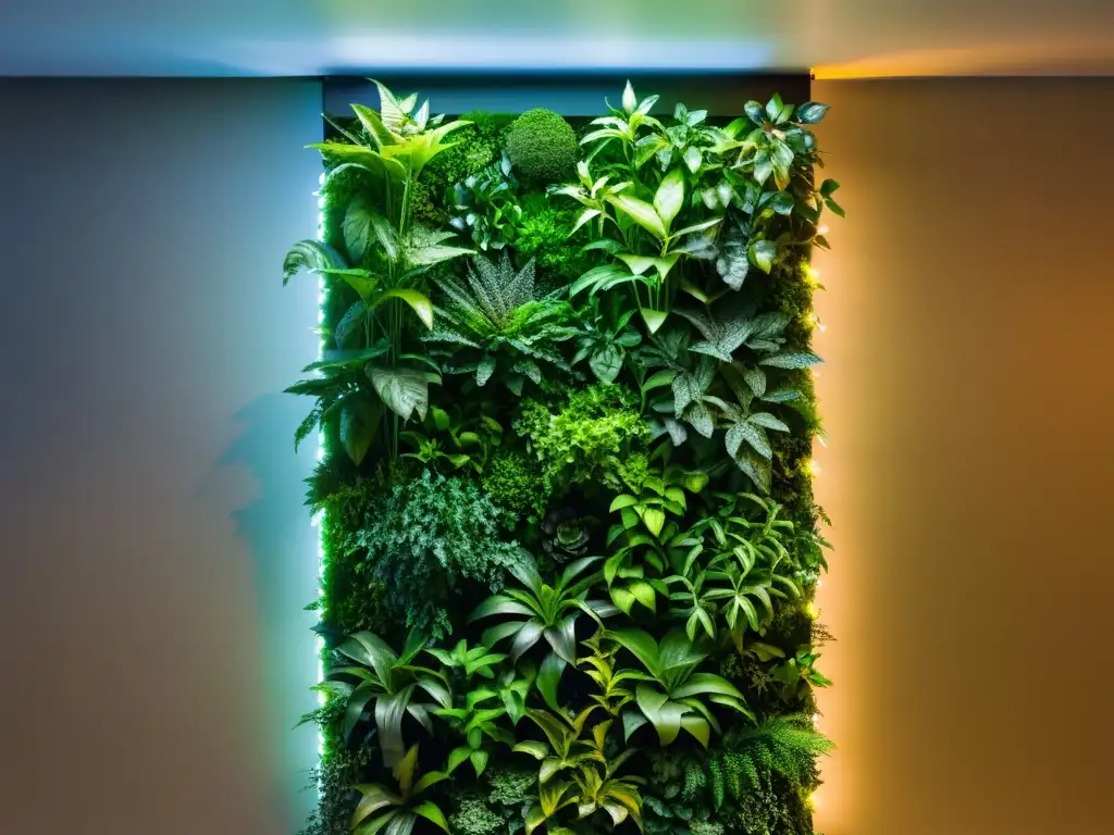 Un jardín vertical moderno con plantas exuberantes iluminadas por efectos de luz artificial, en una impactante combinación de naturaleza e industrial