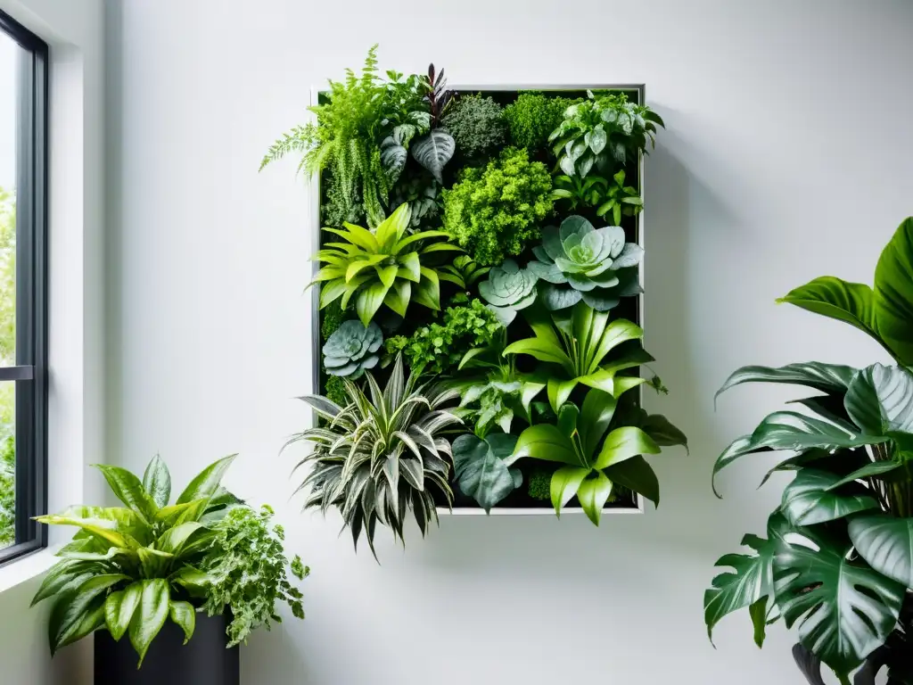 Un jardín vertical moderno con plantas exuberantes en un elegante marco metálico contra una pared blanca