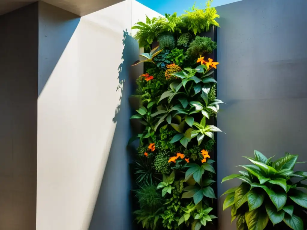 Un jardín vertical moderno con plantas exuberantes en un diseño geométrico, destacando los beneficios de huertos verticales sostenibles