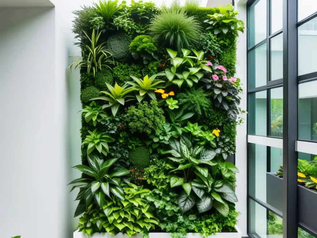 Un jardín vertical moderno con plantas exuberantes en un diseño geométrico