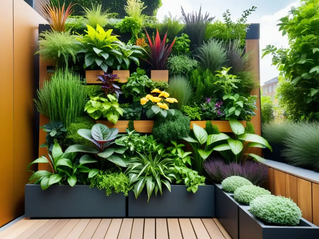 Un jardín vertical moderno con plantas exuberantes en macetas escalonadas, resaltando el diseño ecoconsciente