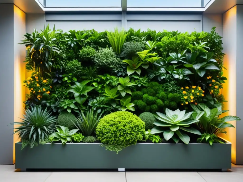 Un jardín vertical moderno con plantas exuberantes en un diseño geométrico, aportando frescura natural a un entorno urbano