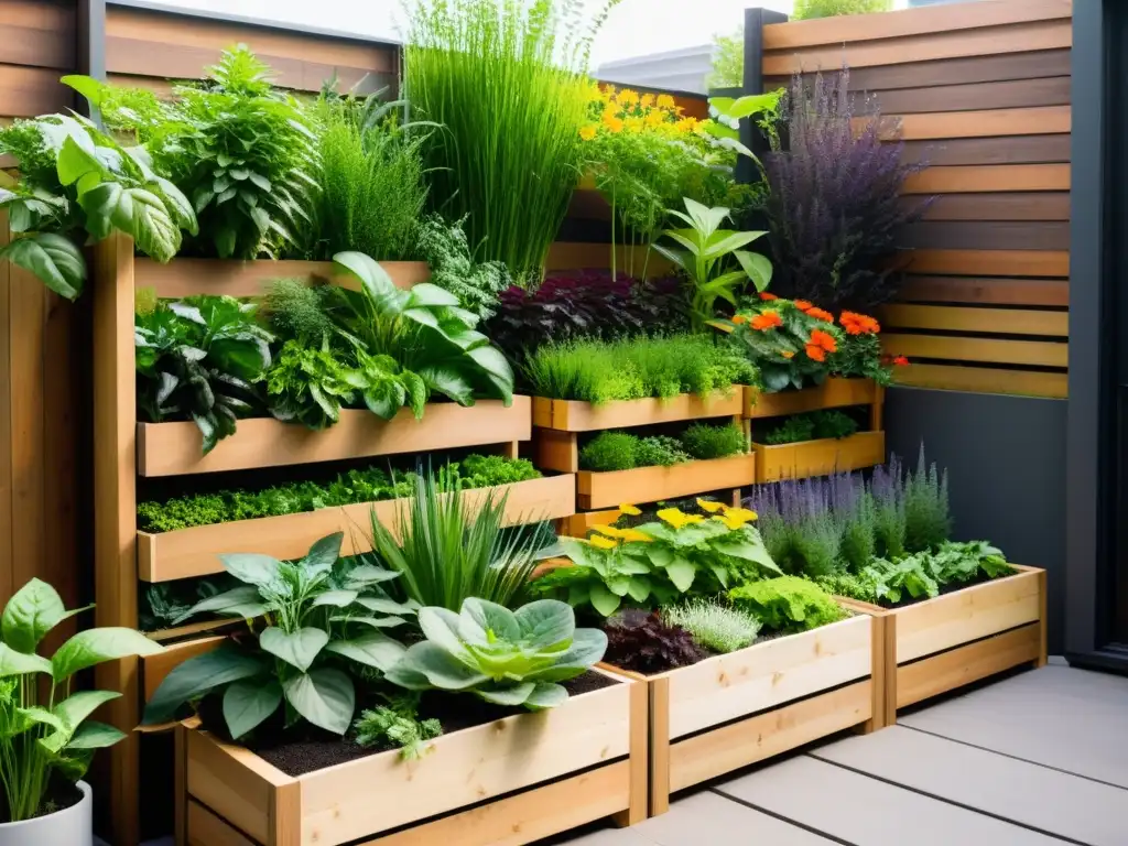 Un jardín vertical moderno con plantas exuberantes en jardineras de madera, mostrando los principios de huertos verticales permaculturales en un entorno contemporáneo