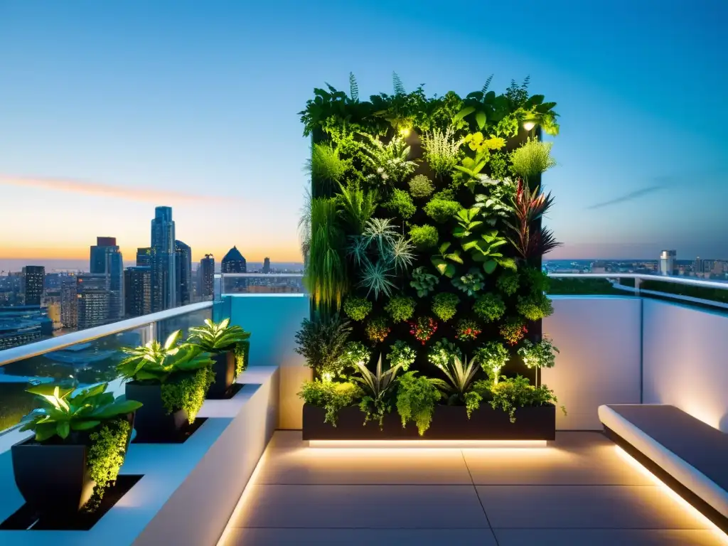 Un jardín vertical moderno con plantas exuberantes y diseño innovador