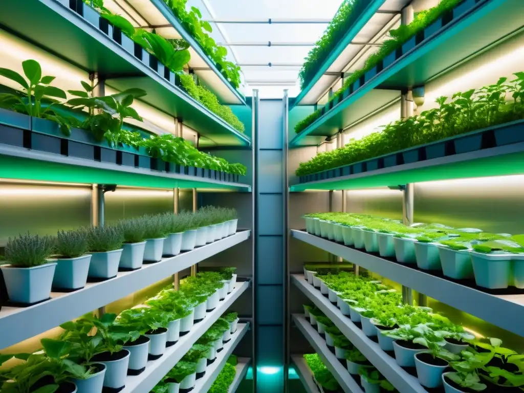 Un jardín acuapónico vertical moderno con plantas exuberantes y peceras metálicas, mostrando los beneficios de la acuaponía en huertos verticales