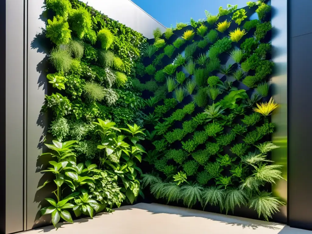 Un jardín vertical moderno con plantas exuberantes dispuestas en un patrón geométrico, contrastando la naturaleza con el diseño urbano