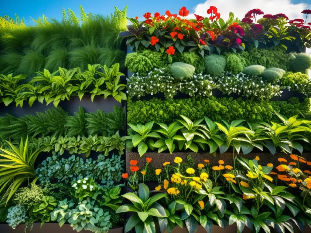 Un jardín vertical moderno con plantas exuberantes en sustratos variados, contra un fondo urbano